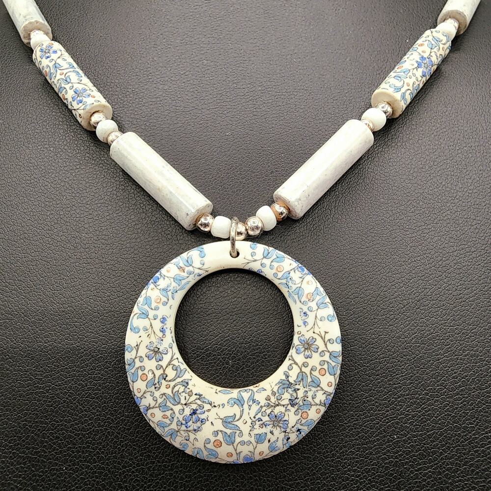 1970s Ceramic Tube Bead Necklace Blue Floral Pendant Boho Spring Flower Power